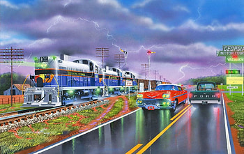 The Right Way, artwork, car, clouds, road, train, railroad HD wallpaper