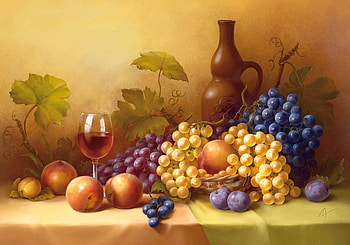 still_life, basket, 3d, art, grapes, paint, glass, fruits, leafs HD wallpaper