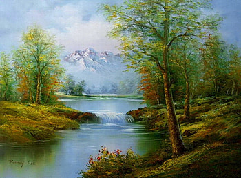 Calm mountain river, river, creek, peaks, oil, serenity, nice, quiet, shore, reflection, painting, trees, snowy, beautiful, mountain, flow, pretty, nature, sky, lovely, calmness, stream HD wallpaper