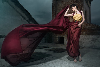Glamour Style, glamour, model, brunettes, red dress, beauty, woman, wind, fashion, velvet, female HD wallpaper