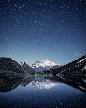 Nature, Mountains, Night, Reflection, Starry Sky, Snow Covered, Snowbound HD phone wallpaper