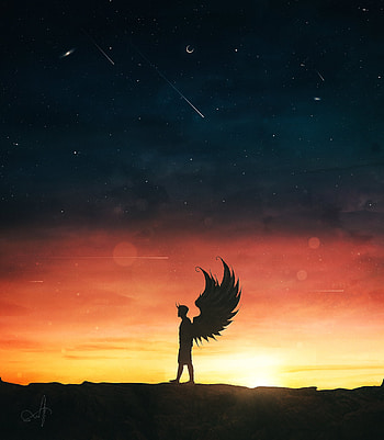 The Angel, atmosphere, sky, sunrise, Ange, wings, sunset, stars, galaxy, wing, space HD phone wallpaper