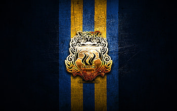 ThespaKusatsu Gunma FC, golden logo, J2 League, blue metal background, football, japanese football club, ThespaKusatsu Gunma logo, ThespaKusatsu Gunma HD wallpaper
