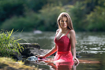A Girl In A Vibrant Dress Soaking In The Refreshing Waters Of The Lake, girls, red-dress, model HD wallpaper