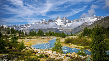 Zermatt, Switzerland, clouds, landscape, sky, rocks, water, alps, mountains, stones HD wallpaper