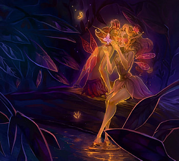 A Fairy's Kiss, glowing, kiss, fairies, male, female HD wallpaper