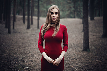 Red Dress Blonde Girl Outdoor, red-dress, girls, model HD wallpaper