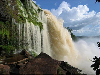 Waterfall, trees, sky, nature HD wallpaper