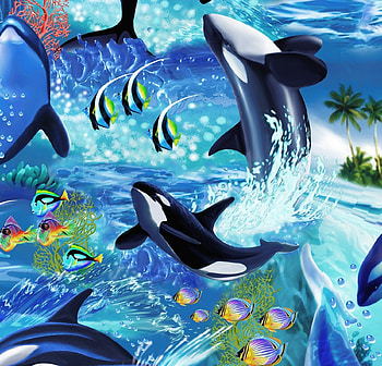 Underwater, blue, whale, paper, summer, texture, fish, michael searle, vara, pattern HD wallpaper