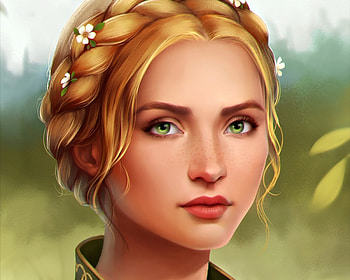 Alva, blonde, art, girl, beauty, woman, fantasy, portrait, flower, green, sharandula, face, freckles HD wallpaper