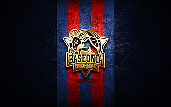 Saski Baskonia, golden logo, ACB, blue metal background, spanish basketball team, Saski Baskonia logo, basketball, Baskonia Vitoria-Gasteiz HD wallpaper