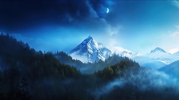 Misty Mountain Majesty Snow Peaks Under Crescent Moon, mist, mountain, snow, moon, clouds, artist, artwork, art, digital-art, ai HD wallpaper