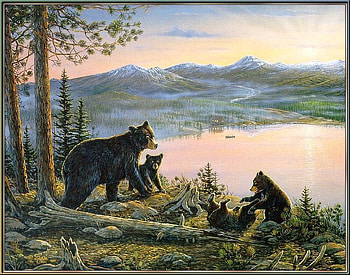 above the lake, bears, canoe, log, trees, cubs, lake, cabin HD wallpaper