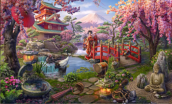 Hidden City Japanese Garden, japaneses, asian, cherry, blossoms, game, bridge, peacock, woman HD wallpaper