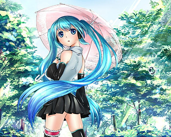 Forest Walk, umbrella, cute, vocaloid, long hair, miku, vocaloids, hatsune, twintails, water, female, sexy, blue eyes, woods, hatsune miku, hot, blue hair, girl, tree, anime girl, plant, anime, forest, bubbles HD wallpaper