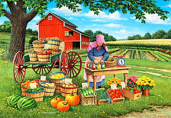 Grandmother's House, barn, vegetables, fruits, tree, pumpkins, painting, fields, flowers, melons HD wallpaper