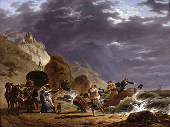 Arrival in the Wind, sea, umbrella, boat, horses, waves, clouds, carriage, arrival HD wallpaper