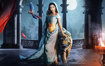 Princess, CG, fantasy, tiger HD wallpaper