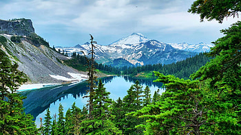 Iceberg Lake, Mount Baker Wildnerness, Washington, clouds, trees, sky, mountains, water, reflections, usa HD wallpaper