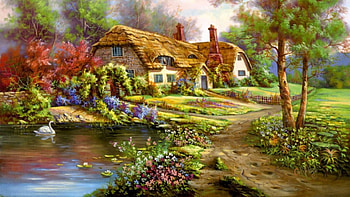 dream landscape, garden, retro, landscape, cottage HD wallpaper