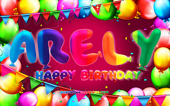 Happy Birtay Arely, , colorful balloon frame, Arely name, purple background, Arely Happy Birtay, Arely Birtay, popular american female names, Birtay concept, Arely HD wallpaper