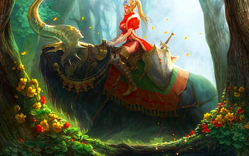 ANIME WARRIOR GIRL, shield, sword, horns, mount, girl, tree, flowers, forest, warrior girl, warrior HD wallpaper