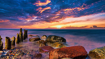 Sunset at the Baltic Sea, colors, clouds, sky, rocks, germany HD wallpaper