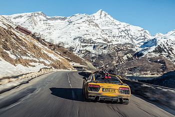Audi R8, Car, mountain, road trip, R8, snow, road, nature, Audi, auto, travel HD wallpaper