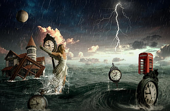 Surreal, sea, art, fantasy, girl, clock, annewipf, water HD wallpaper