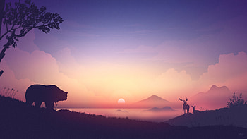 Bear Deer Mountains Sunrise Minimalism Artwork , bear, deer, mountains, artwork, minimalism, artist, dribbble HD wallpaper