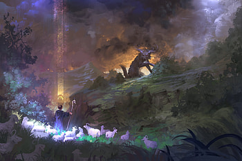 The shepherd and his sheep, art, fantasy, sheep, man, wolf, shepherd, jeremy adams HD wallpaper