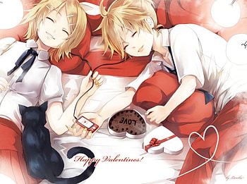 Kagamine Valentine, kitten, blond hair, blonde, nice, valentine, kagamine rin, short hair, blonde hair, happy, female, sweet, white, len, chocolate, girl, cat, anime girl, anime, pretty, happy valentine, guy, lovely, kitty, rin, cute, vocaloid, sleeping, beauty, hort hair, twin, vocaloids, male, sleep, kagamine len, blond, twins, beautiful, kagamine, boy, red, love, heart HD wallpaper