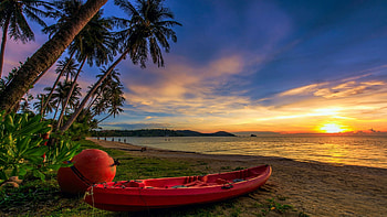 Tropical Paradise, boat, sea, colors, clouds, sky, sunset, palm trees, beach HD wallpaper