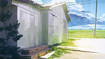 Shed, sunny, grass, land, arsenixc, tree, pole, orignal, wire, scenic, clouds, sky, bricks, mangaka HD wallpaper