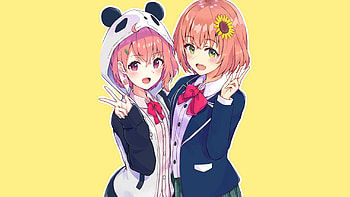 Two Brown Hair Anime Girls Uniform Dress Yellow Background Anime Girl HD wallpaper