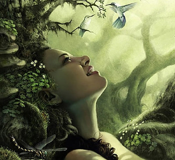 Sylvan Beauty, nymph, birds, girl, tree, dryad, fairy, fantasy, green, hummingbirds, hummingbird, forest, female HD wallpaper