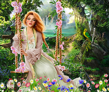 Flower Garden, digital, art, fantasy, garden, swing, flowers, girl, woman, pretty HD wallpaper