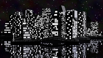 City, Blender 3D, Artistic, Town, Night, Reflection, Stars, Water HD wallpaper