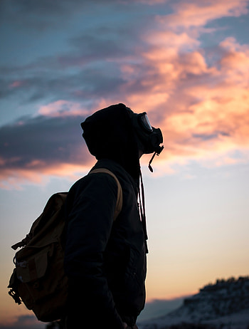 Sunset, Sky, Miscellanea, Miscellaneous, Man, Mask, Gas Mask HD phone wallpaper
