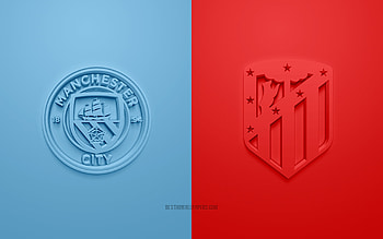 Manchester City FC vs Atletico Madrid, 2022, UEFA Champions League, Quarterfinals, 3D logos, blue red background, Champions League, football match, 2022 Champions League, Manchester City FC, Atletico Madrid HD wallpaper