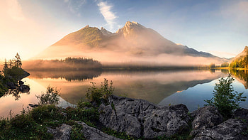 Golden Summer Morning In The Austrian Alps, mist, light, mountains, rocks, lake, reflections, stones HD wallpaper