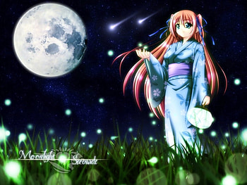 Moonlight Girl, fireflies, moonlight, fan, kimono girl HD wallpaper