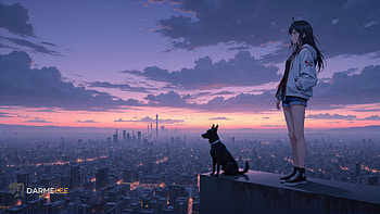 Anime Girl With Dog Overlooking City Sunset, anime-girl, dog, city, sky, buildings, artist, artwork, art, digital-art, ai, deviantart HD wallpaper