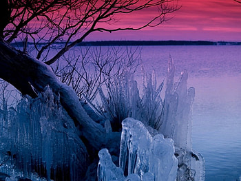 CANADIAN ICESCAPE, blue, frost, sunsets, cold, purple, lakes, pink, snow, trees, horizons, ice HD wallpaper