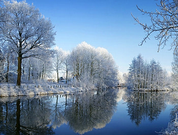 winter landscape with reflection, landscape, winter, lakes, reflection HD wallpaper