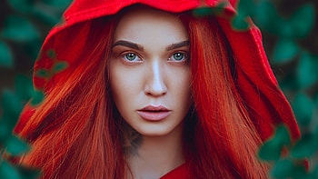 Red hood, woman, aqua eyes, model HD wallpaper