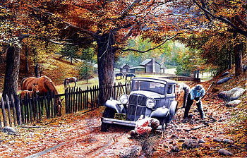 Old Depot Road, artwork, horses, painting, men, car, house, fence, trees HD wallpaper