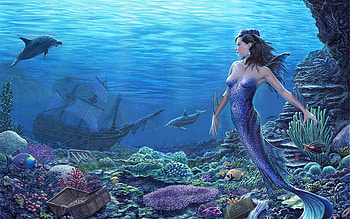 Treasure of the Sea, mermaid, digital, ship, art, corals, dolphin HD wallpaper