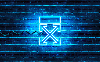 Off-white blue logo, , blue brickwall, Off-white logo, brands, Off-white neon logo, Off-white HD wallpaper
