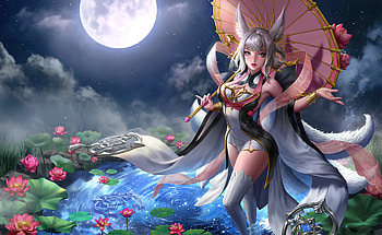 Anime Girl Water Lilies Moon , anime-girl, anime, artist, artwork, digital-art, artstation HD wallpaper